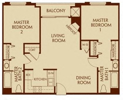 Floor plan for 2 beds, 2 baths, 963 sqft